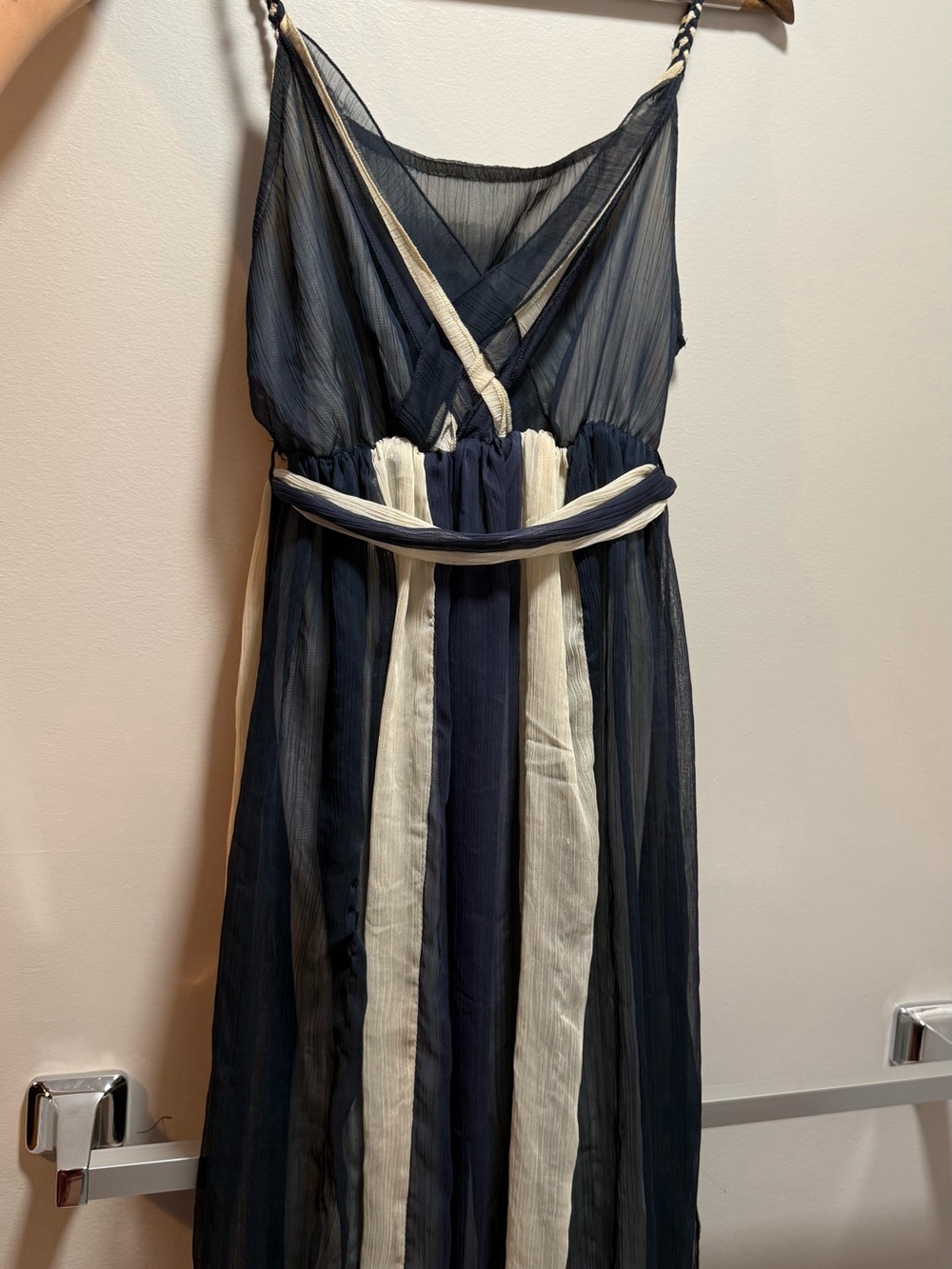 Navy and Cream Chiffon Maxi Summer Chic Mediterranean Classy Dress Large